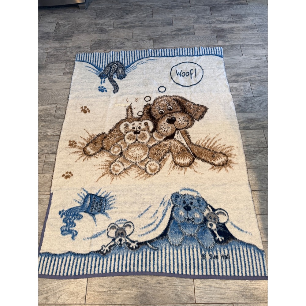Biederlack Sue Hall Throw Blanket Fleece Puppy Dog Vintage Reversible USA Bear